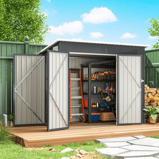 Outsunny Abrigo de Jardim 2,7 m² 234x132x185 cm Abrigo de Exterior Metálico com Três Portas Fechadura Telhado Inclinado e Ventilação para Armazenamento de Ferramentas Cinzento Outsunny Abrigo de Jardim 2,7 m² 234x132x185 cm Abrigo de Exterior Metálico com Três Portas Fechadura Telhado Inclinado e Ventilação para Armazenamento de Ferramentas Cinzento