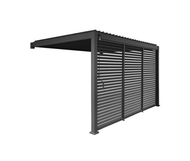 Pérgola bioclimática de aluminio adosada 3x4m + 3 persianas 1.3m, triomphe 3x4m adosada + accesorios, antracita, 391x301x250 cm