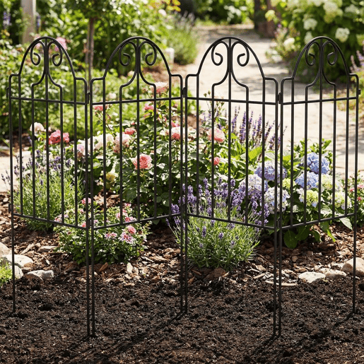 Outsunny Conjunto de 4 Cercas de Jardim em Metal 125x57 cm Cercas Decorativas com Design Arqueado Resistente e Fácil de Instalar para Horta Pátio Terraço Relva Preto