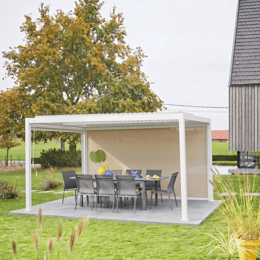 Pérgola bioclimática em alumínio e aço 3x4m + estore 4m Branco - 392x292x224 cm
