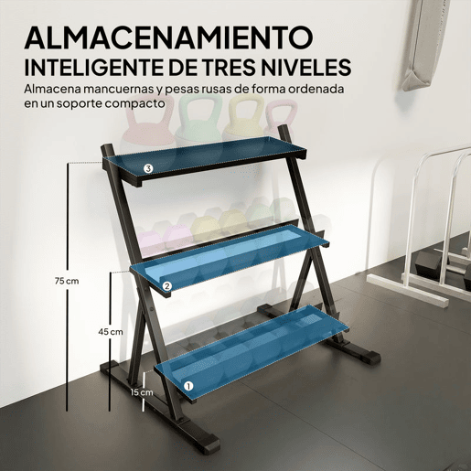 SPORTNOW Suporte para Halteres de 3 Níveis Estante de Armazenamento de Pesos de Aço com Barras Ajustáveis para Treino em Ginásio Casa Capacidade 200 kg 88x66x88 cm