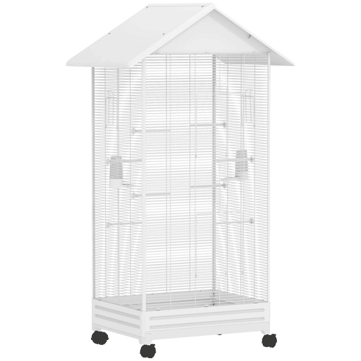 PawHut Gaiola para Pássaros com Rodas Gaiola Metálica com Bandeja Amovível 4 Portas 2 Comedouros e 8 Poleiros para Canários Periquitos 79x65x155 cm Branco