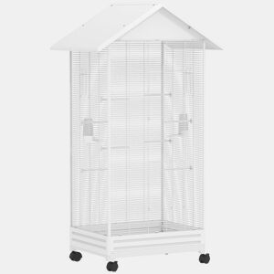 PawHut Gaiola para Pássaros com Rodas Gaiola Metálica com Bandeja Amovível 4 Portas 2 Comedouros e 8 Poleiros para Canários Periquitos 79x65x155 cm Branco