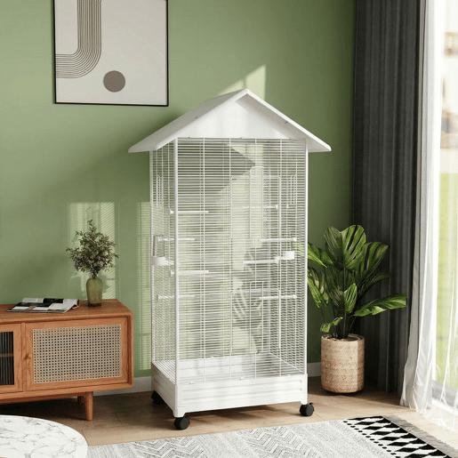 PawHut Gaiola para Pássaros com Rodas Gaiola Metálica com Bandeja Amovível 4 Portas 2 Comedouros e 8 Poleiros para Canários Periquitos 79x65x155 cm Branco