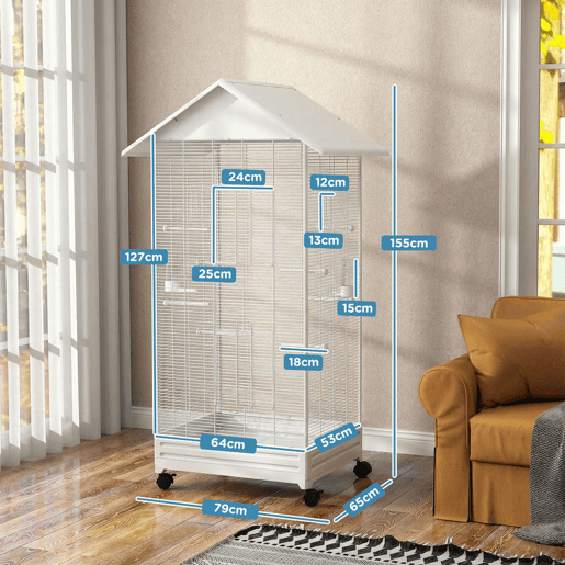 PawHut Gaiola para Pássaros com Rodas Gaiola Metálica com Bandeja Amovível 4 Portas 2 Comedouros e 8 Poleiros para Canários Periquitos 79x65x155 cm Branco
