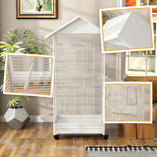 PawHut Gaiola para Pássaros com Rodas Gaiola Metálica com Bandeja Amovível 4 Portas 2 Comedouros e 8 Poleiros para Canários Periquitos 79x65x155 cm Branco