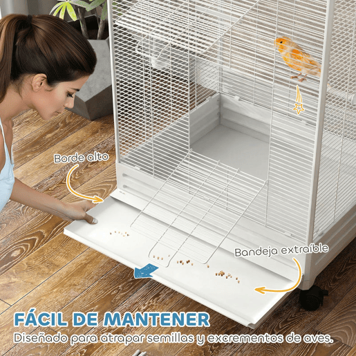 PawHut Gaiola para Pássaros com Rodas Gaiola Metálica com Bandeja Amovível 4 Portas 2 Comedouros e 8 Poleiros para Canários Periquitos 79x65x155 cm Branco