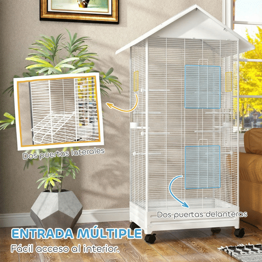 PawHut Gaiola para Pássaros com Rodas Gaiola Metálica com Bandeja Amovível 4 Portas 2 Comedouros e 8 Poleiros para Canários Periquitos 79x65x155 cm Branco