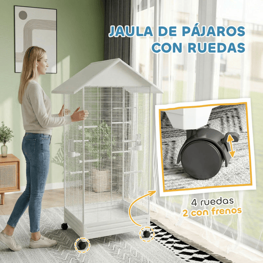 PawHut Gaiola para Pássaros com Rodas Gaiola Metálica com Bandeja Amovível 4 Portas 2 Comedouros e 8 Poleiros para Canários Periquitos 79x65x155 cm Branco