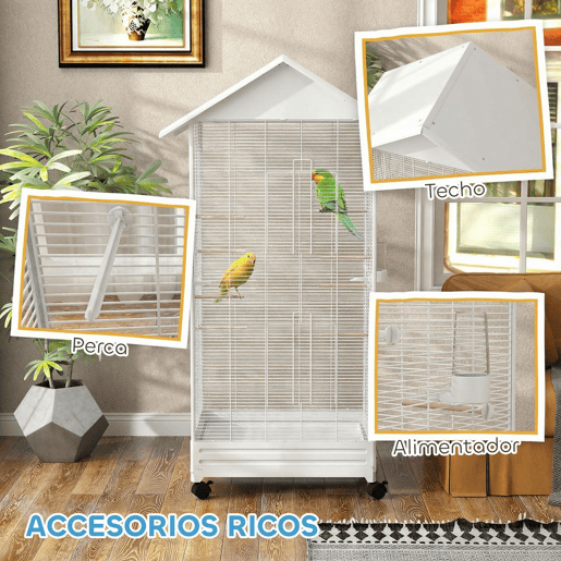PawHut Gaiola para Pássaros com Rodas Gaiola Metálica com Bandeja Amovível 4 Portas 2 Comedouros e 8 Poleiros para Canários Periquitos 79x65x155 cm Branco