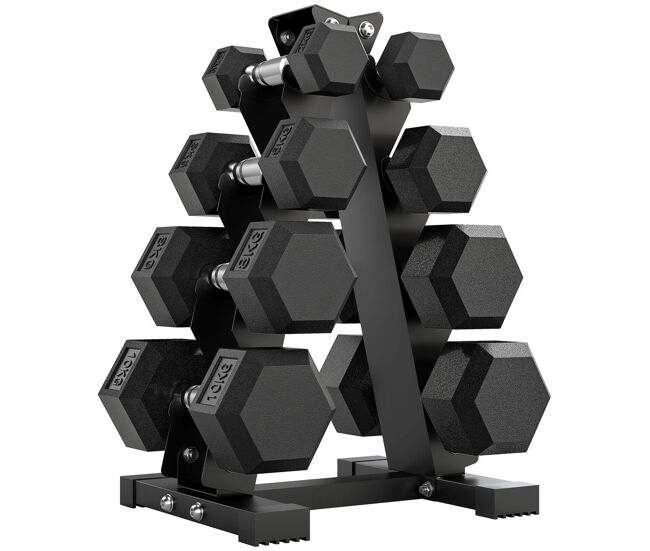Sportnow juego de mancuernas de 8 piezas 50 kg, mancuernas hexagonales 2x2kg, 2x5kg, 2x8kg, 2x10kg, soporte almacenamiento, recubrimiento goma, mango antideslizante para entrenamiento en casa gimnasio