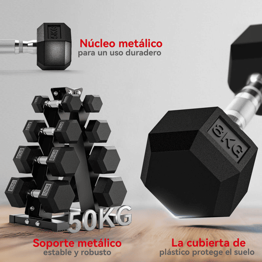 SPORTNOW Conjunto de Halteres de 8 Peças 50 kg Halteres Hexagonais 2x2kg 2x5kg 2x8kg 2x10kg com Suporte de Armazenamento e Punho Antiderrapante para Treino em Casa e Ginásio Preto