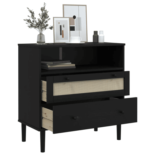 Aparador - Bufete - Móvei de apoio aspeto de vime 80x40x80 cm pinho maciço preto pt1652