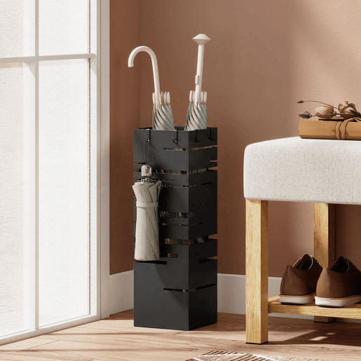 HOMCOM Suporte para Guarda Chuva Metálico com 4 Ganchos e Bandeja de Recolha de Gotas Removível Porta Guarda Chuva Branco para Entrada Escritório 15,5x15,5x49 cm Preto