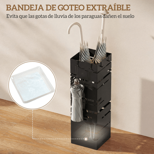 HOMCOM Suporte para Guarda Chuva Metálico com 4 Ganchos e Bandeja de Recolha de Gotas Removível Porta Guarda Chuva Branco para Entrada Escritório 15,5x15,5x49 cm Preto