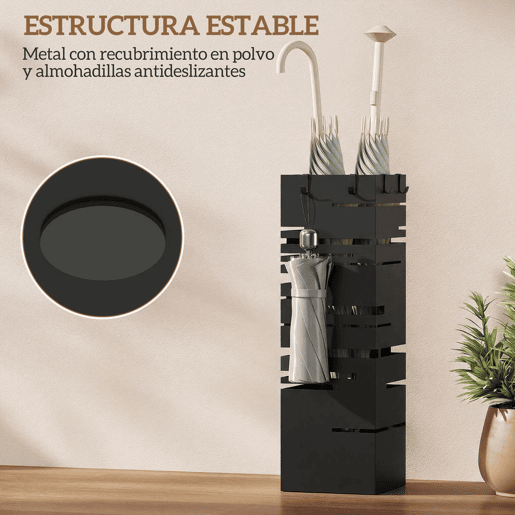 HOMCOM Suporte para Guarda Chuva Metálico com 4 Ganchos e Bandeja de Recolha de Gotas Removível Porta Guarda Chuva Branco para Entrada Escritório 15,5x15,5x49 cm Preto