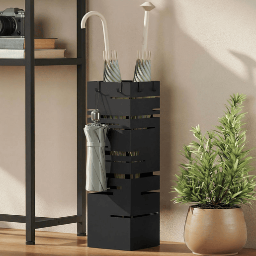 HOMCOM Suporte para Guarda Chuva Metálico com 4 Ganchos e Bandeja de Recolha de Gotas Removível Porta Guarda Chuva Branco para Entrada Escritório 15,5x15,5x49 cm Preto