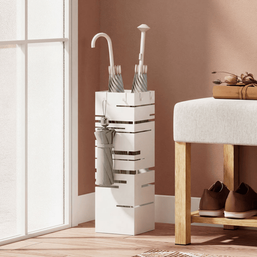 HOMCOM Suporte para Guarda Chuva Metálico com 4 Ganchos e Bandeja de Recolha de Gotas Removível Porta Guarda Chuva Branco para Entrada Escritório 15,5x15,5x49 cm Branco