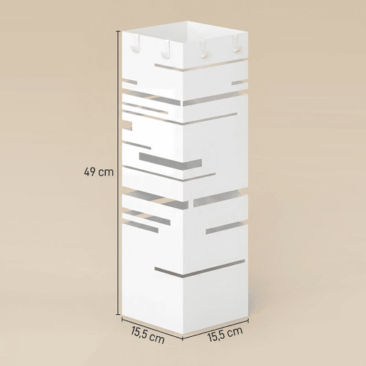 HOMCOM Suporte para Guarda Chuva Metálico com 4 Ganchos e Bandeja de Recolha de Gotas Removível Porta Guarda Chuva Branco para Entrada Escritório 15,5x15,5x49 cm Branco