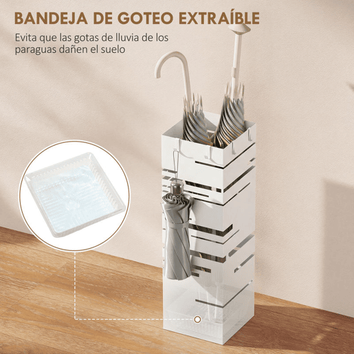 HOMCOM Suporte para Guarda Chuva Metálico com 4 Ganchos e Bandeja de Recolha de Gotas Removível Porta Guarda Chuva Branco para Entrada Escritório 15,5x15,5x49 cm Branco