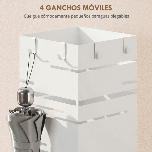 HOMCOM Suporte para Guarda Chuva Metálico com 4 Ganchos e Bandeja de Recolha de Gotas Removível Porta Guarda Chuva Branco para Entrada Escritório 15,5x15,5x49 cm Branco