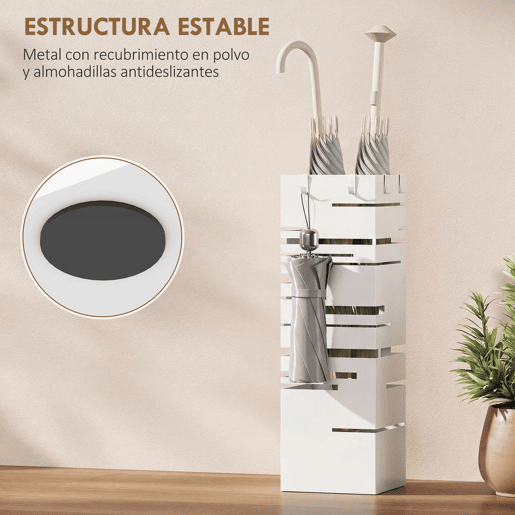 HOMCOM Suporte para Guarda Chuva Metálico com 4 Ganchos e Bandeja de Recolha de Gotas Removível Porta Guarda Chuva Branco para Entrada Escritório 15,5x15,5x49 cm Branco