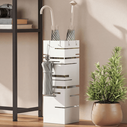 HOMCOM Suporte para Guarda Chuva Metálico com 4 Ganchos e Bandeja de Recolha de Gotas Removível Porta Guarda Chuva Branco para Entrada Escritório 15,5x15,5x49 cm Branco