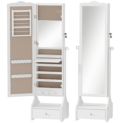 HOMCOM Espelho de Joias com Luzes LED Armário para Joias Armário com Espelho de Ângulo Ajustável Gavetas Mesa Interior Dobrável Fecho Luzes com Desligar Automático Branco