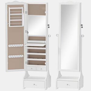 HOMCOM Espelho de Joias com Luzes LED Armário para Joias Armário com Espelho de Ângulo Ajustável Gavetas Mesa Interior Dobrável Fecho Luzes com Desligar Automático Branco
