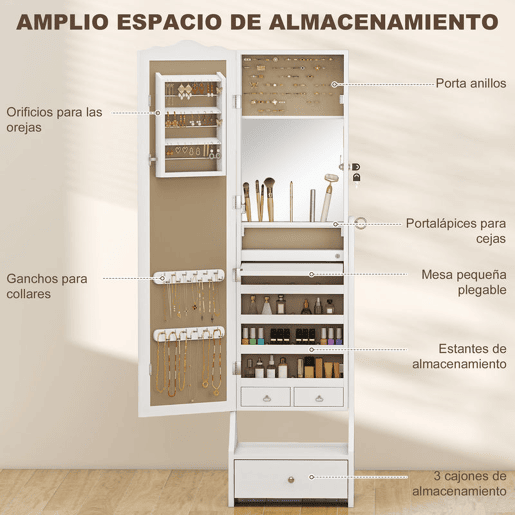 HOMCOM Espelho de Joias com Luzes LED Armário para Joias Armário com Espelho de Ângulo Ajustável Gavetas Mesa Interior Dobrável Fecho Luzes com Desligar Automático Branco