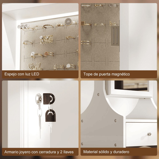 HOMCOM Espelho de Joias com Luzes LED Armário para Joias Armário com Espelho de Ângulo Ajustável Gavetas Mesa Interior Dobrável Fecho Luzes com Desligar Automático Branco