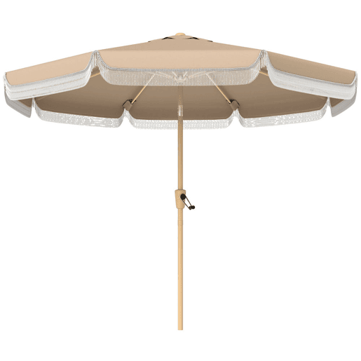 Outsunny Chapéu de Sol para Terraço Exterior Ø266x238 cm Chapéu de Sol de Jardim com Ângulo Ajustável 30° Manivela Franjas e Ventilação, Impermeável Parasol para Terraço Praia Pátio Varanda Caqui