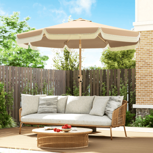 Outsunny Chapéu de Sol para Terraço Exterior Ø266x238 cm Chapéu de Sol de Jardim com Ângulo Ajustável 30° Manivela Franjas e Ventilação, Impermeável Parasol para Terraço Praia Pátio Varanda Caqui
