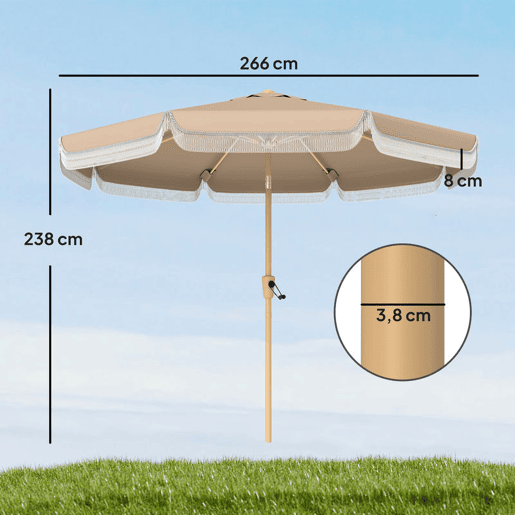 Outsunny Chapéu de Sol para Terraço Exterior Ø266x238 cm Chapéu de Sol de Jardim com Ângulo Ajustável 30° Manivela Franjas e Ventilação, Impermeável Parasol para Terraço Praia Pátio Varanda Caqui