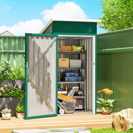 Outsunny Abrigo Exterior Metálico 107,5x91x185 cm Abrigo de Jardim com Teto Inclinado Porta com Trinco Ventilação e Luvas Abrigo de Armazenamento para Ferramentas Verde