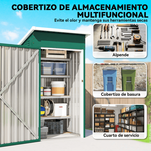 Outsunny Abrigo Exterior Metálico 107,5x91x185 cm Abrigo de Jardim com Teto Inclinado Porta com Trinco Ventilação e Luvas Abrigo de Armazenamento para Ferramentas Verde
