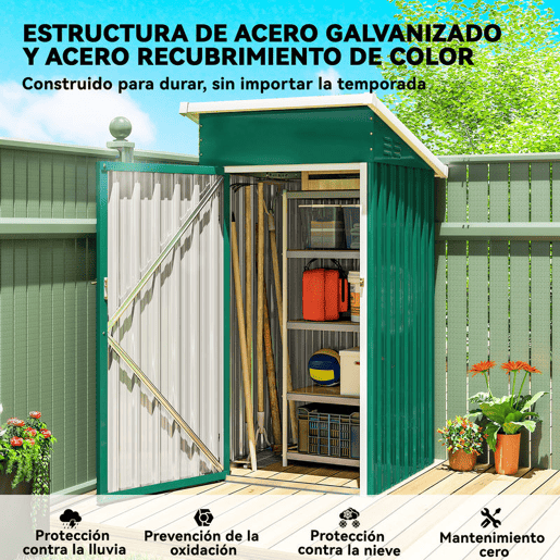Outsunny Abrigo Exterior Metálico 107,5x91x185 cm Abrigo de Jardim com Teto Inclinado Porta com Trinco Ventilação e Luvas Abrigo de Armazenamento para Ferramentas Verde