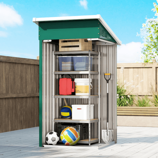 Outsunny Abrigo Exterior Metálico 107,5x91x185 cm Abrigo de Jardim com Teto Inclinado Porta com Trinco Ventilação e Luvas Abrigo de Armazenamento para Ferramentas Verde
