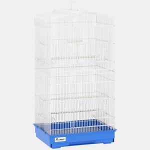 PawHut Gaiola para Pássaros, Gaiola Metálica com Portas, 4 Tigelas de Comida, 3 Poleiros, Baloiço, Bandeja Removível e Pega para Transporte, para Papagaio, Canário, Periquito, 46,5x35,5x92 cm, Azul