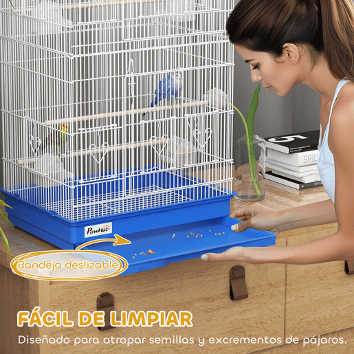 PawHut Gaiola para Pássaros, Gaiola Metálica com Portas, 4 Tigelas de Comida, 3 Poleiros, Baloiço, Bandeja Removível e Pega para Transporte, para Papagaio, Canário, Periquito, 46,5x35,5x92 cm, Azul