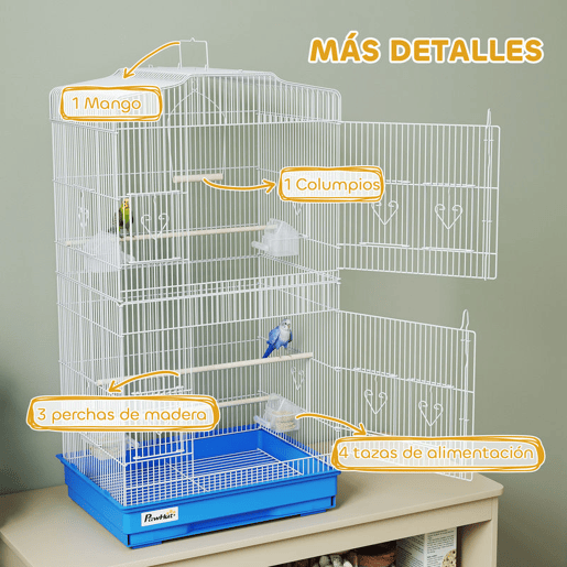 PawHut Gaiola para Pássaros, Gaiola Metálica com Portas, 4 Tigelas de Comida, 3 Poleiros, Baloiço, Bandeja Removível e Pega para Transporte, para Papagaio, Canário, Periquito, 46,5x35,5x92 cm, Azul