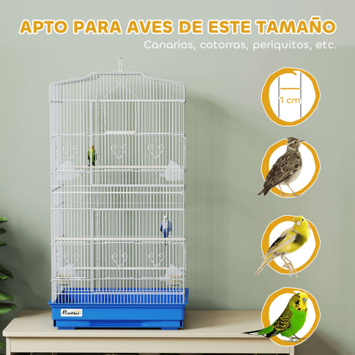 PawHut Gaiola para Pássaros, Gaiola Metálica com Portas, 4 Tigelas de Comida, 3 Poleiros, Baloiço, Bandeja Removível e Pega para Transporte, para Papagaio, Canário, Periquito, 46,5x35,5x92 cm, Azul