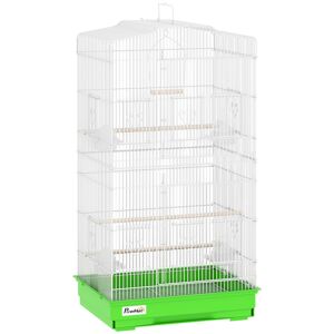 PawHut Gaiola para Pássaros, Gaiola de Metal com Portas 4 Comedouros 3 Poleiros Baloiço Bandeja Removível e Alça de Transporte para Loro Canário Periquito 46,5x35,5x92 cm Verde