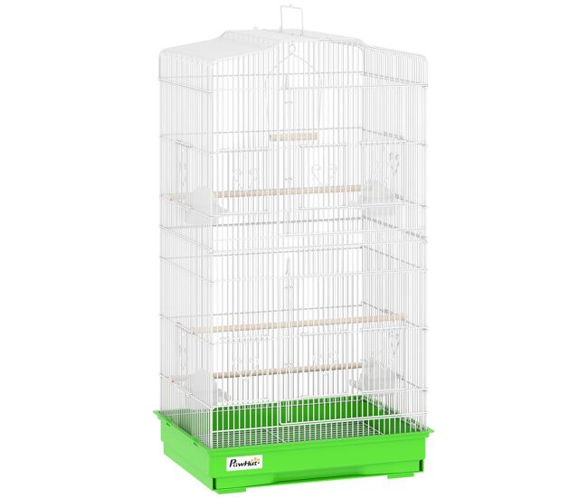 Pawhut jaula para pájaros, jaula de metal para pájaros con puertas, 4 comederos, 3 perchas, columpio, bandeja extraíble y asa de transporte, para loro, canario, periquito, 46,5x35,5x92 cm, verde