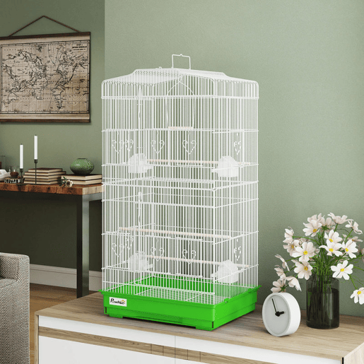 PawHut Gaiola para Pássaros, Gaiola de Metal com Portas 4 Comedouros 3 Poleiros Baloiço Bandeja Removível e Alça de Transporte para Loro Canário Periquito 46,5x35,5x92 cm Verde