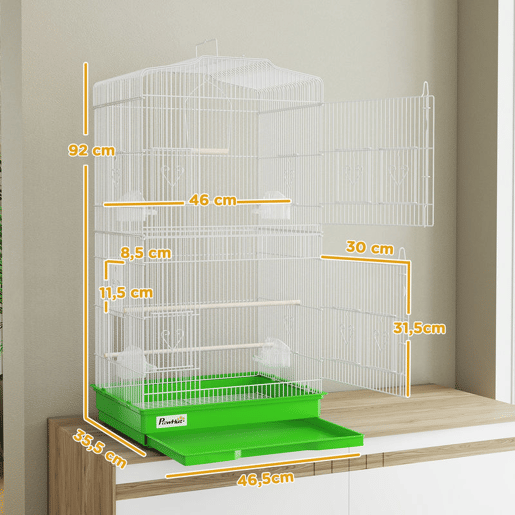 PawHut Gaiola para Pássaros, Gaiola de Metal com Portas 4 Comedouros 3 Poleiros Baloiço Bandeja Removível e Alça de Transporte para Loro Canário Periquito 46,5x35,5x92 cm Verde