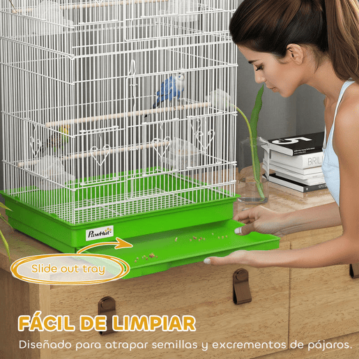 PawHut Gaiola para Pássaros, Gaiola de Metal com Portas 4 Comedouros 3 Poleiros Baloiço Bandeja Removível e Alça de Transporte para Loro Canário Periquito 46,5x35,5x92 cm Verde