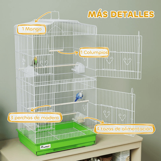 PawHut Gaiola para Pássaros, Gaiola de Metal com Portas 4 Comedouros 3 Poleiros Baloiço Bandeja Removível e Alça de Transporte para Loro Canário Periquito 46,5x35,5x92 cm Verde