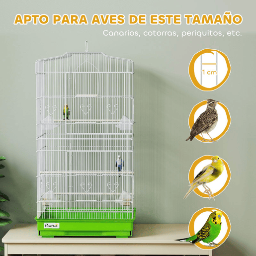 PawHut Gaiola para Pássaros, Gaiola de Metal com Portas 4 Comedouros 3 Poleiros Baloiço Bandeja Removível e Alça de Transporte para Loro Canário Periquito 46,5x35,5x92 cm Verde
