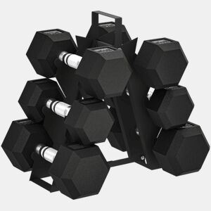 SPORTNOW Conjunto de Halteres de 6 Peças 36 kg Halteres Hexagonais 2x4kg 2x6kg 2x8kg com Suporte de Armazenamento e Punho Antiderrapante para Treino em Casa ou Ginásio Preto